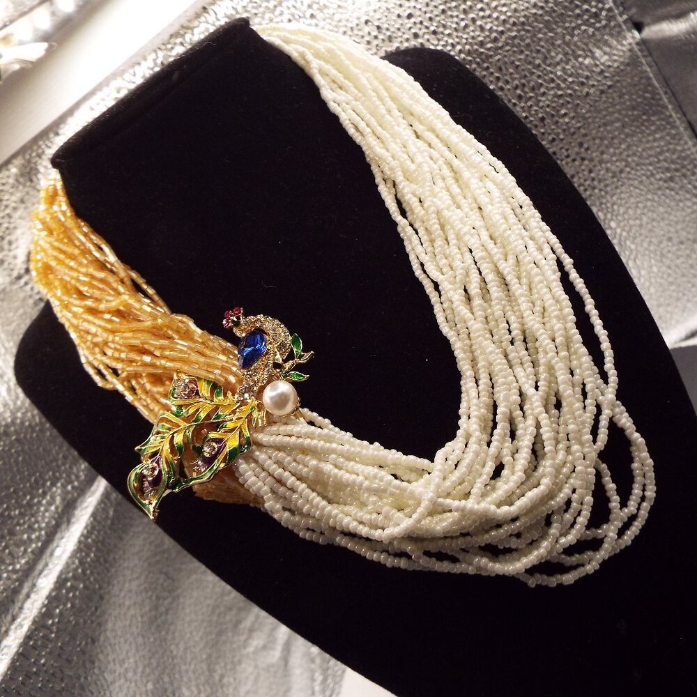 AMAZING 28 STDS SEED PEARL, GOLD GLASS PEACOCK RHINESTONE ENHANCER NECKLACE 62